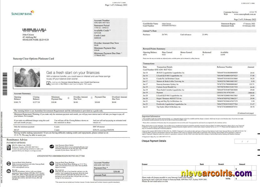 Australia Suncorp bank statement 5 pages
